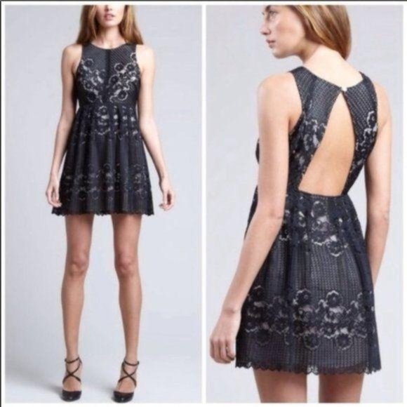 Free People Black Lace Cut Out Mini Dress Size 4 - Picture 1 of 8